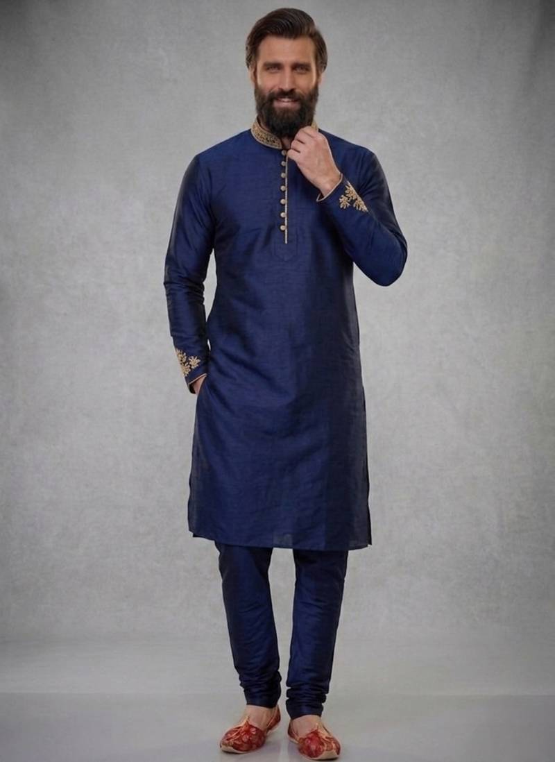 Blue embroidered dupion silk kurta pyjama