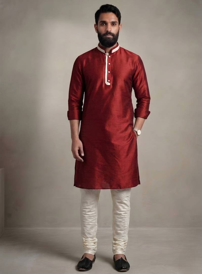 Maroon dupion silk kurta pyjama