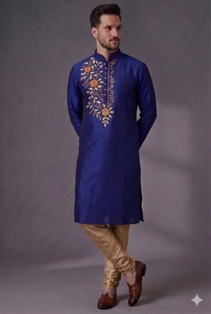 Blue embroidered dupion silk kurta pyjama