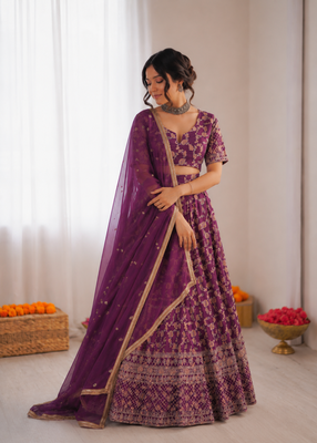 purple jacquard thread sequin lehenga choli set 2