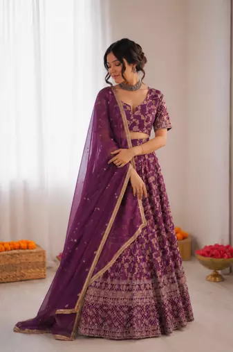 purple jacquard thread sequin lehenga choli set