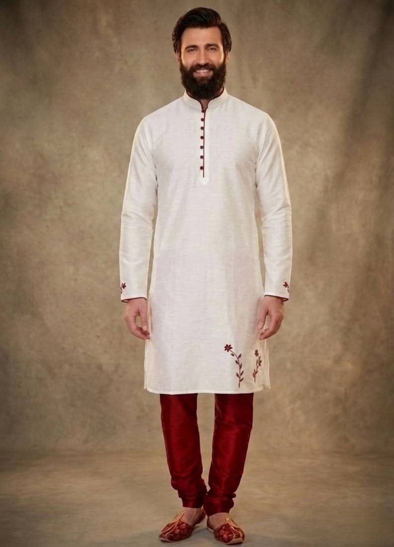 White embroidered dupion silk kurta pyjama