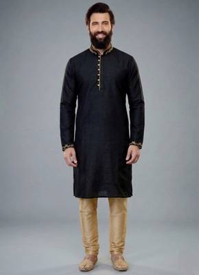 Black embroidered dupion silk kurta pyjama 3