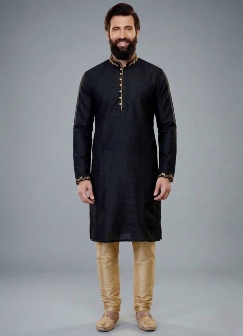 Black embroidered dupion silk kurta pyjama