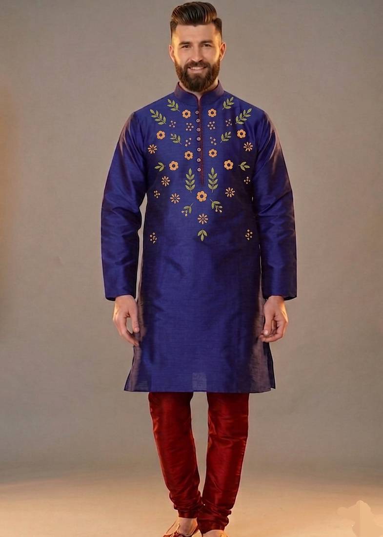 Blue embroidered dupion silk kurta pyjama