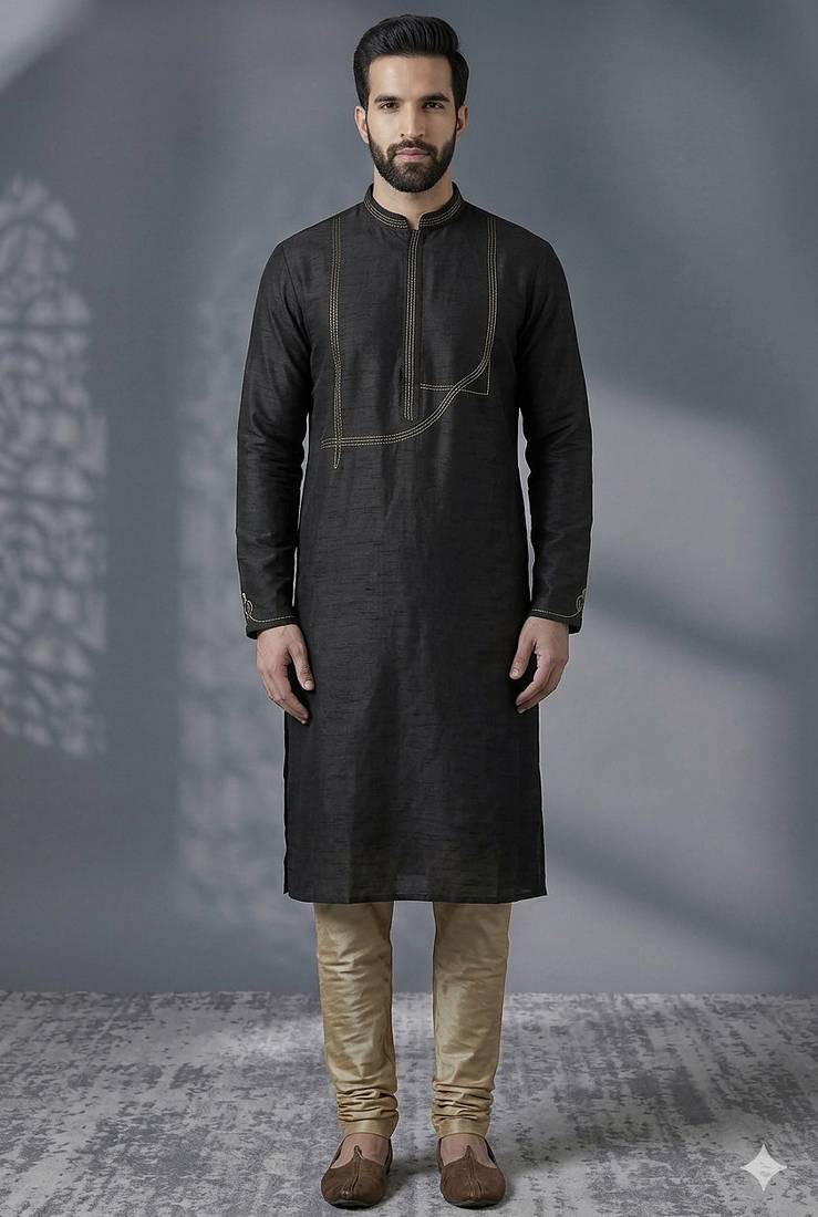 Black embroidered dupion silk kurta pyjama
