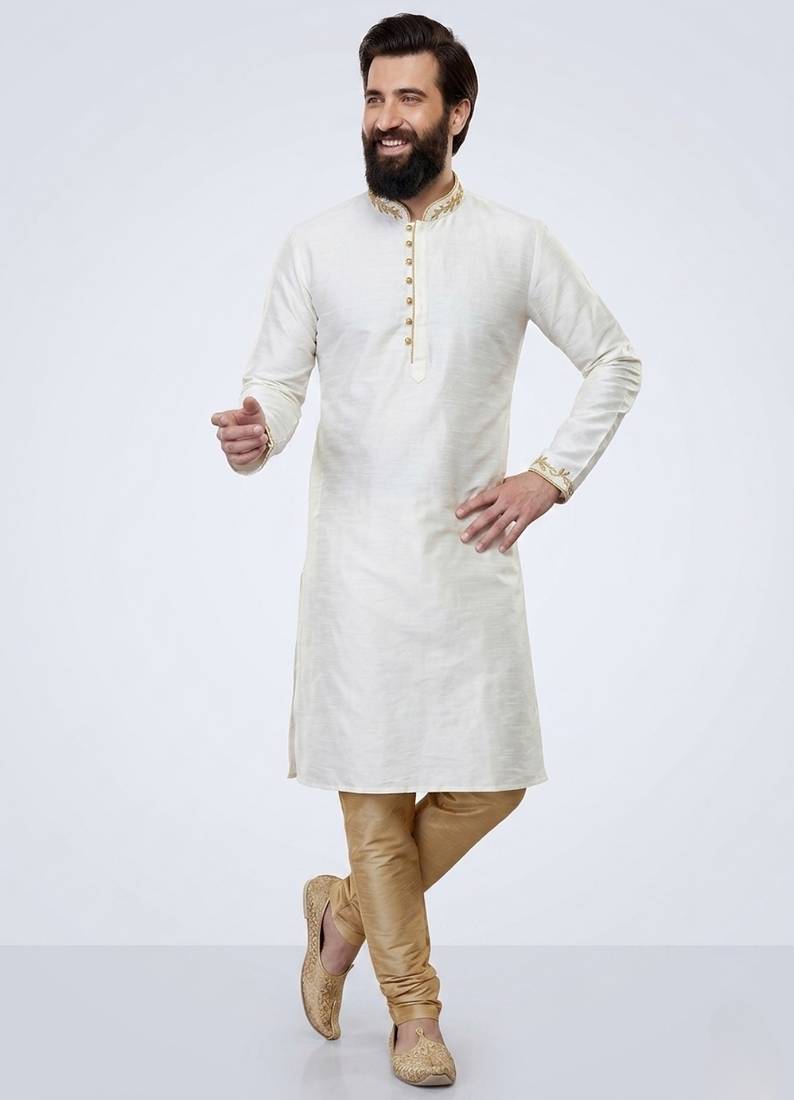 White embroidered dupion silk kurta pyjama