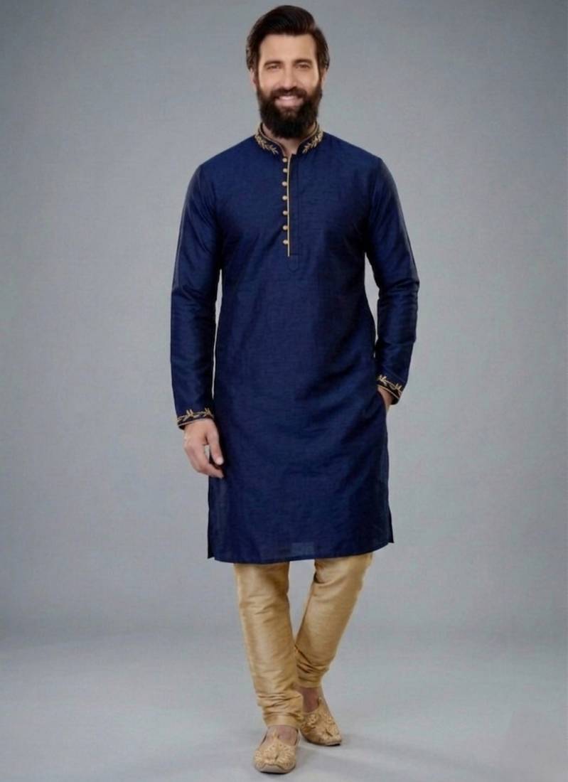 Blue embroidered dupion silk kurta pyjama