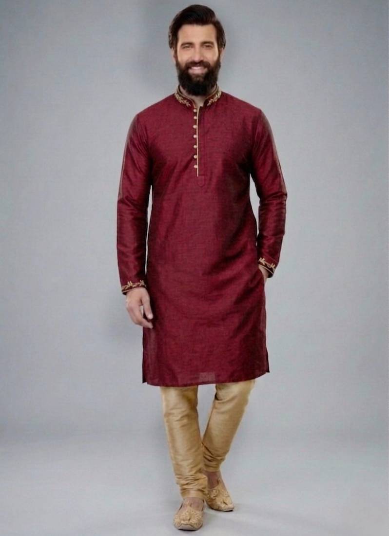 Maroon embroidered dupion silk kurta pyjama