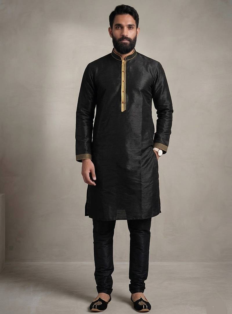 Black dupion silk kurta pyjama