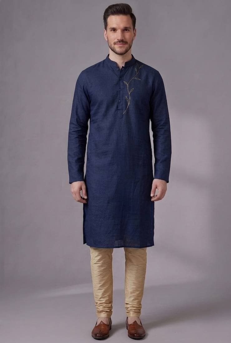 Blue embroidered dupion silk kurta pyjama