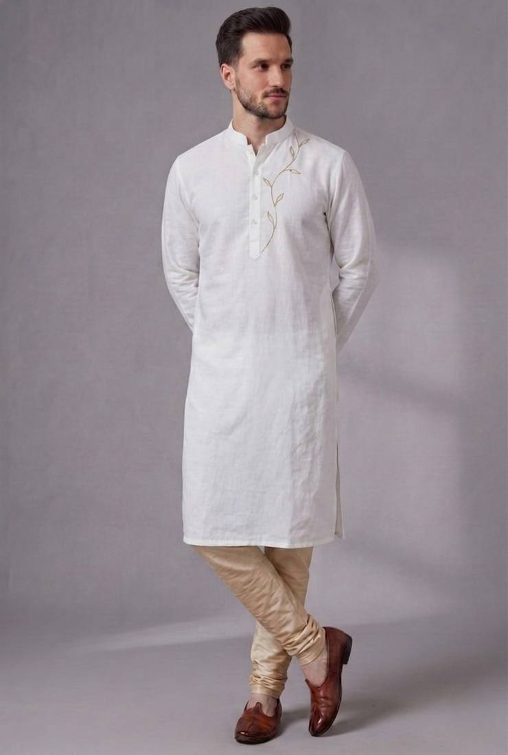 White embroidered dupion silk kurta pyjama