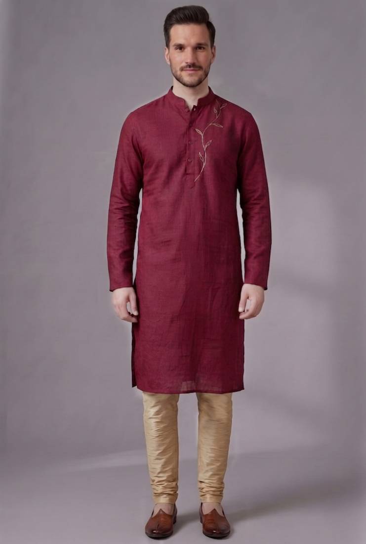 Maroon embroidered dupion silk kurta pyjama