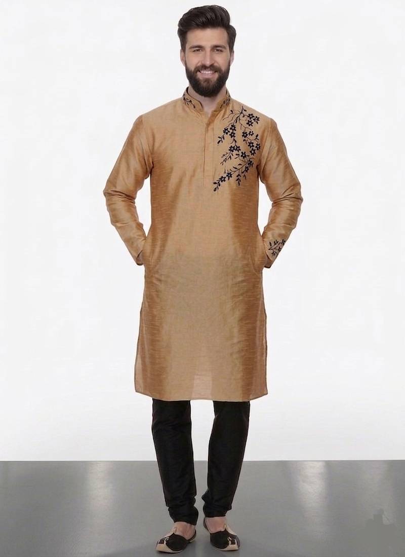 Beige embroidered dupion silk kurta pyjama