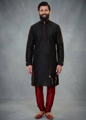 Black embroidered dupion silk kurta pyjama 3