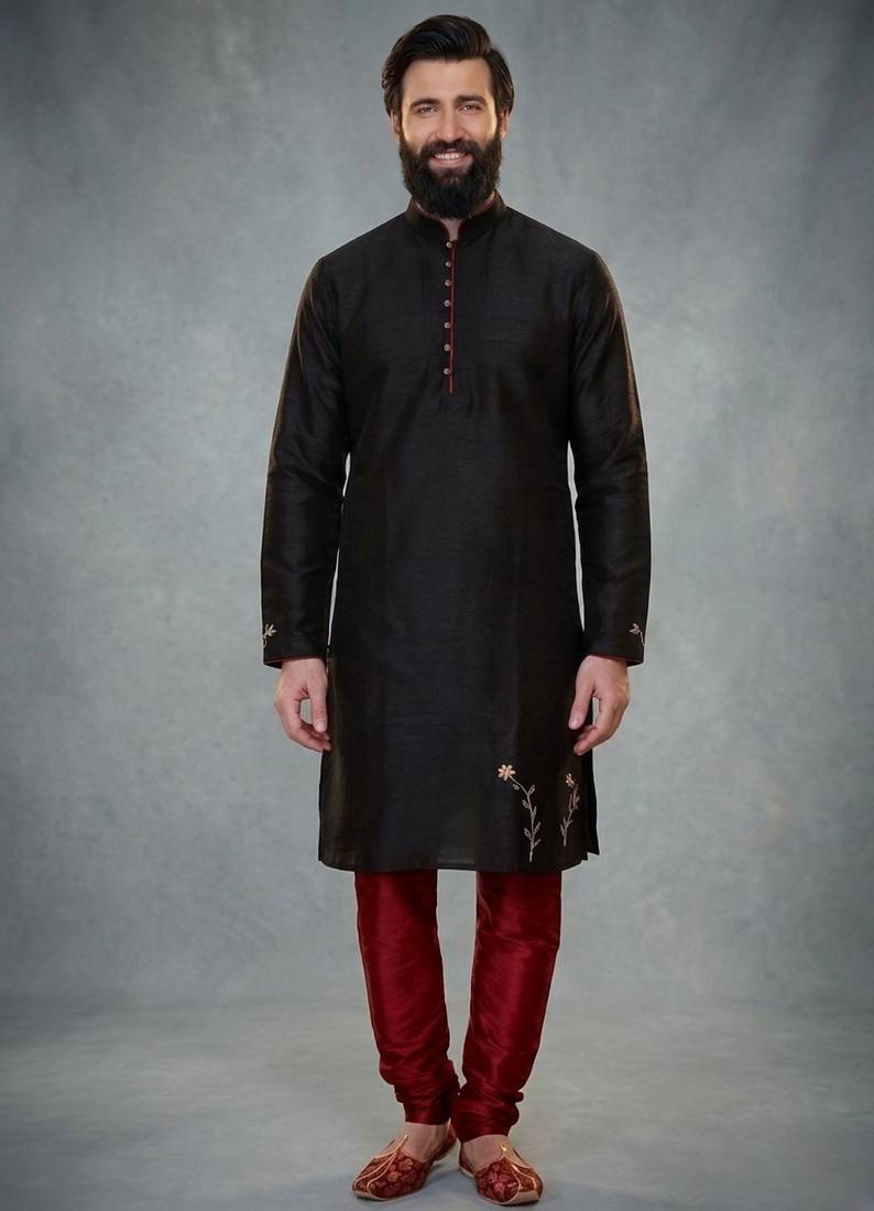 Black embroidered dupion silk kurta pyjama