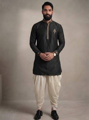 Black embroidered dupion silk kurta dhoti 3
