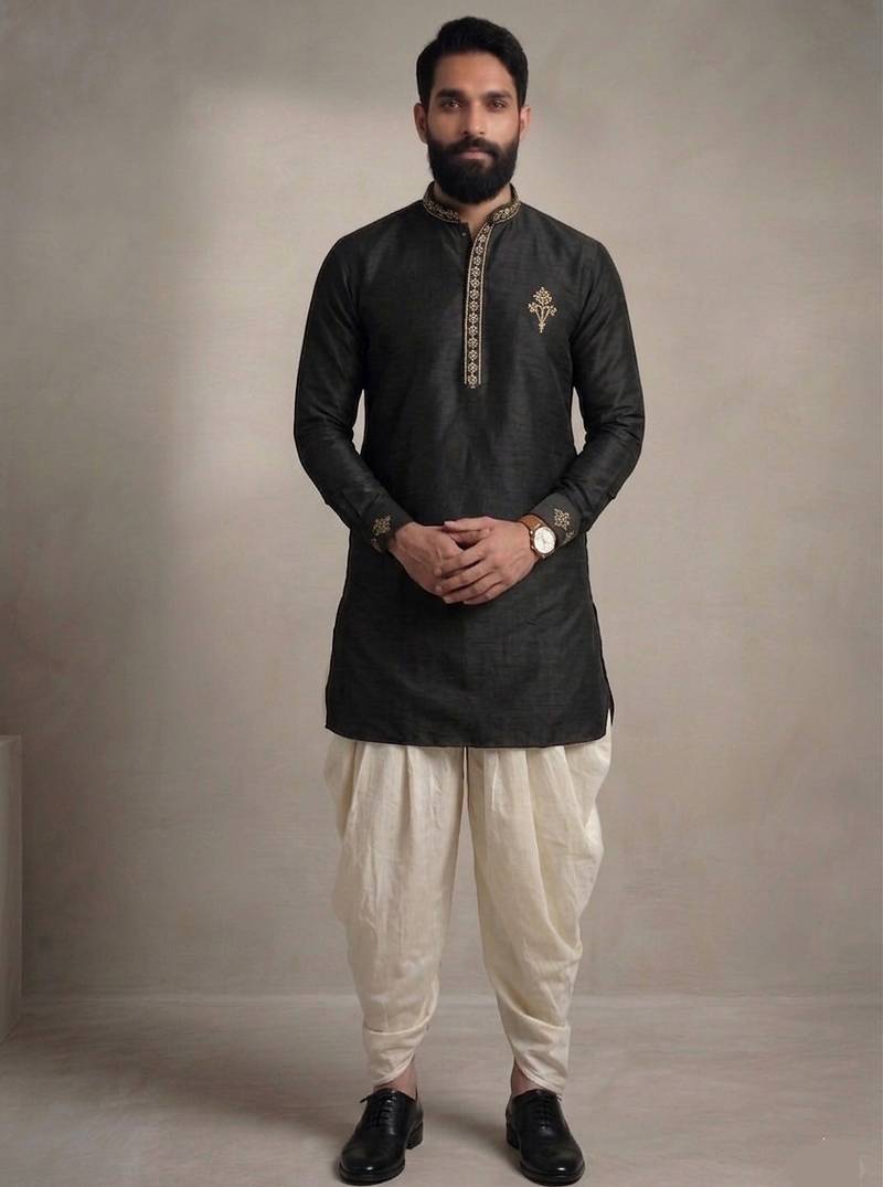 Black embroidered dupion silk kurta dhoti