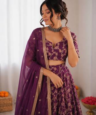 purple jacquard thread sequin lehenga choli set 3