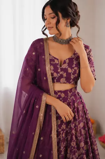 purple jacquard thread sequin lehenga choli set