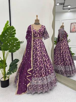 purple jacquard thread sequin lehenga choli set 4