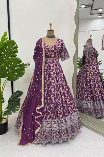 purple jacquard thread sequin lehenga choli set