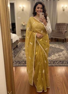 Light Yellow Color Embroidery Work Chiffon Saree 1