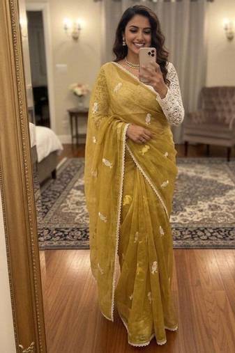 Light Yellow Color Embroidery Work Chiffon Saree