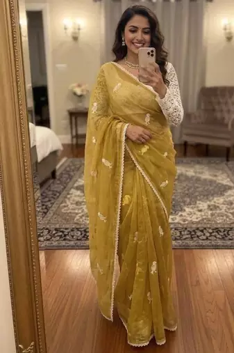 Light Yellow Color Embroidery Work Chiffon Saree