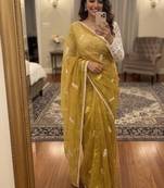 Light Yellow Color Embroidery Work Chiffon Saree