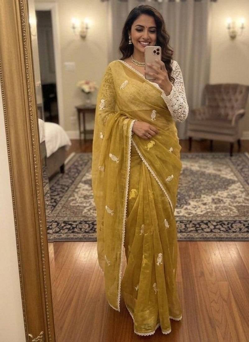 Light Yellow Color Embroidery Work Chiffon Saree