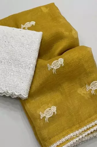 Light Yellow Color Embroidery Work Chiffon Saree