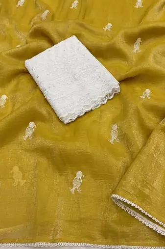 Light Yellow Color Embroidery Work Chiffon Saree