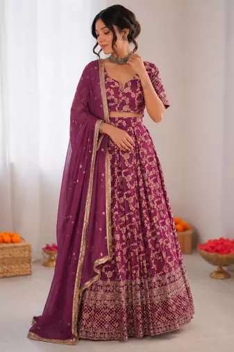 wine jacquard thread sequin lehenga choli set