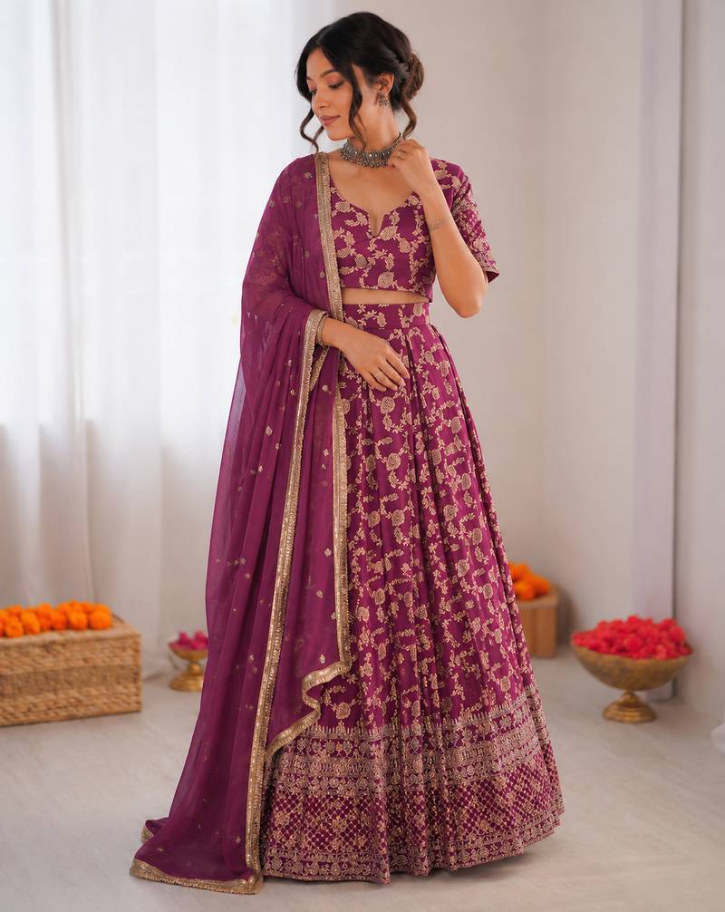 wine jacquard thread sequin lehenga choli set