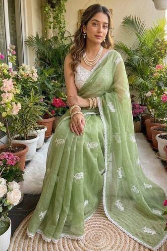 Light Green Color Embroidery Work Chiffon Saree