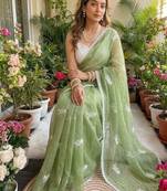 Light Green Color Embroidery Work Chiffon Saree