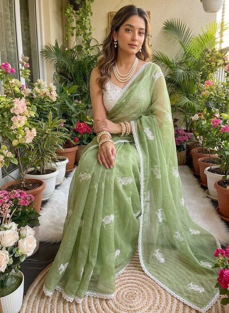 Light Green Color Embroidery Work Chiffon Saree