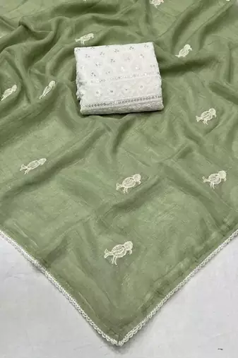 Light Green Color Embroidery Work Chiffon Saree