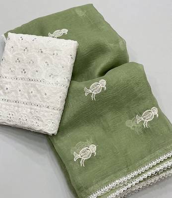 Light Green Color Embroidery Work Chiffon Saree 4