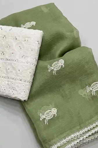 Light Green Color Embroidery Work Chiffon Saree