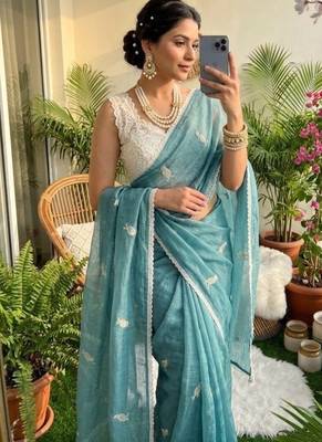 Sky Blue Color Embroidery Work Chiffon Saree 1