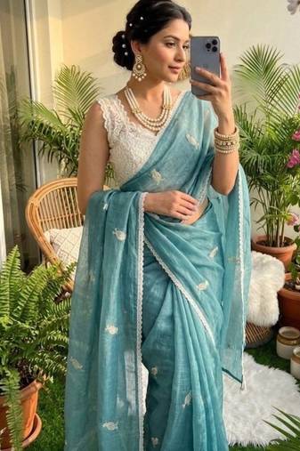 Sky Blue Color Embroidery Work Chiffon Saree