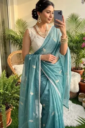 Sky Blue Color Embroidery Work Chiffon Saree