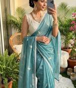 Sky Blue Color Embroidery Work Chiffon Saree