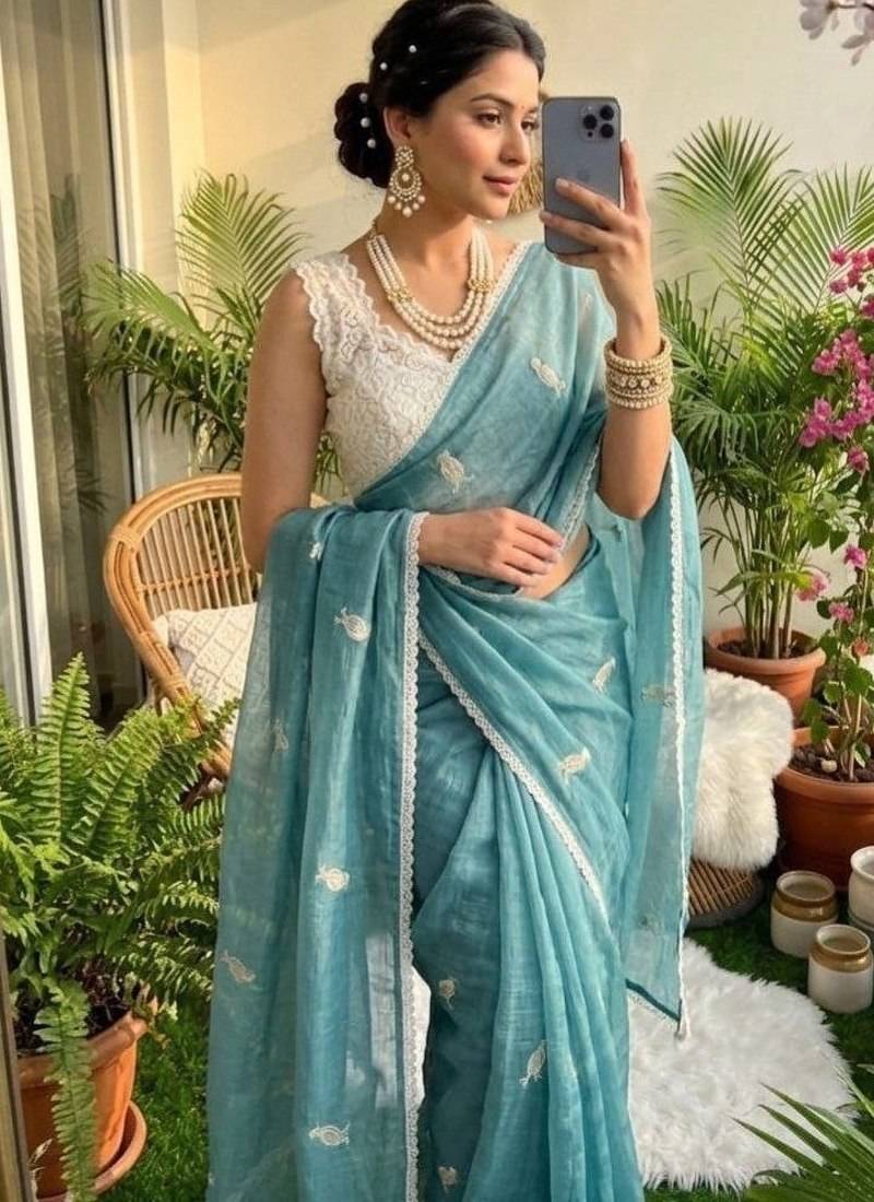 Sky Blue Color Embroidery Work Chiffon Saree