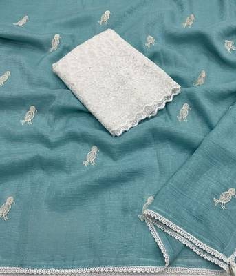 Sky Blue Color Embroidery Work Chiffon Saree 2