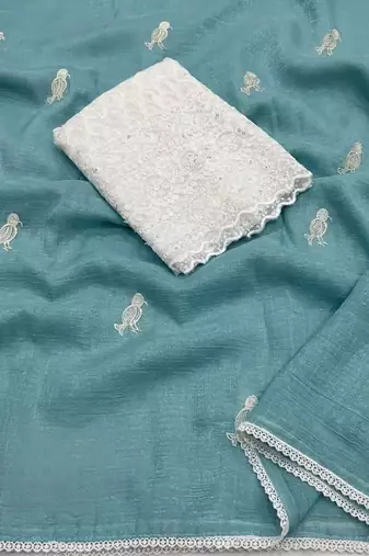 Sky Blue Color Embroidery Work Chiffon Saree