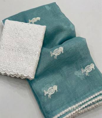 Sky Blue Color Embroidery Work Chiffon Saree 3