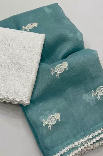 Sky Blue Color Embroidery Work Chiffon Saree